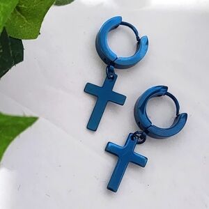 Blue Stainless Steel Cross Huggie Hoop Earrings